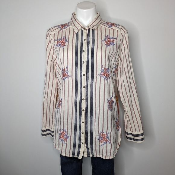 Aratta Silent Journey white orange mixed print long sleeve button up shirt M - Picture 1 of 10